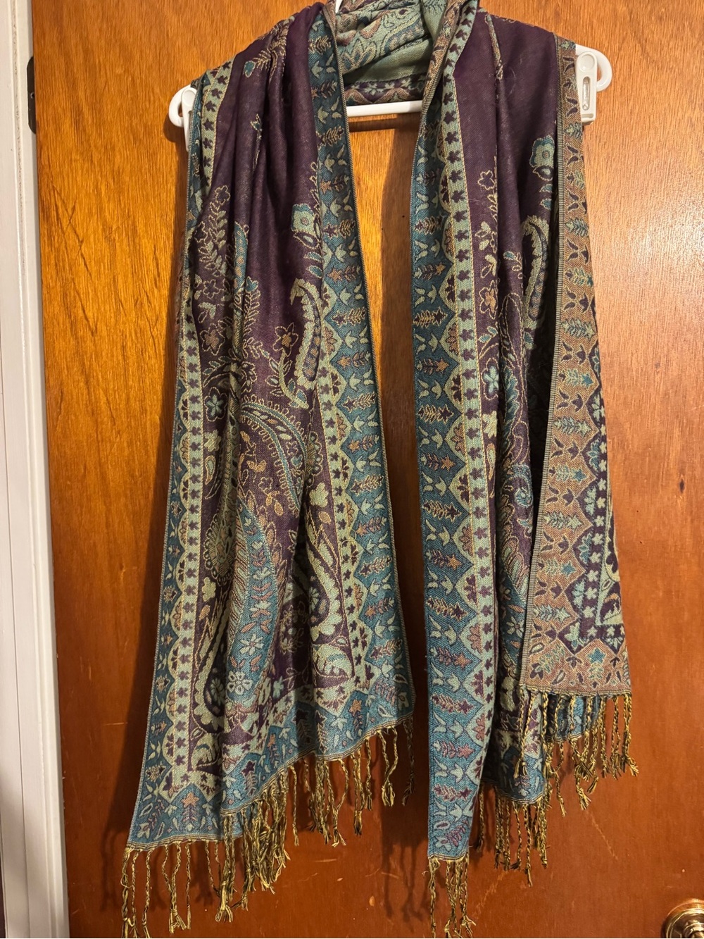 Paisley Fringe Wrap Scarf in Teal and Plum